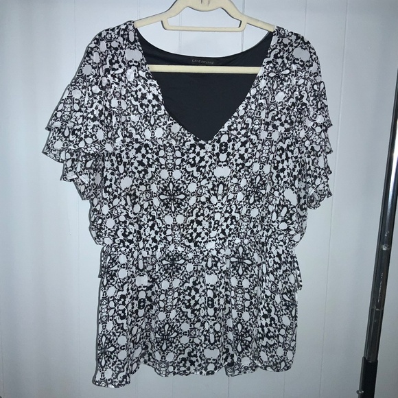 Lane Bryant White Black Tiered Ruffle Sleeve Peplum Blouse Sz 16 v neck lined - Picture 2 of 8